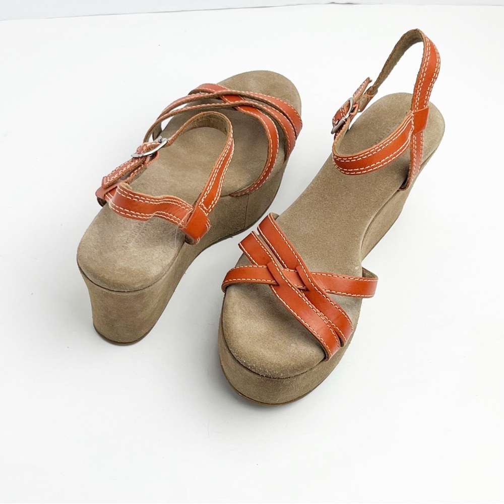 AMERICAN EAGLE Outfitters Orange Leather Ankle Strap Wedge Sandals 9 Y2K Boho